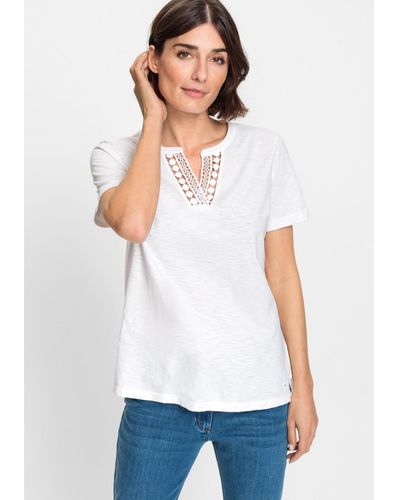 Olsen 100% Cotton Short Sleeve Split Neck T-shirt - White