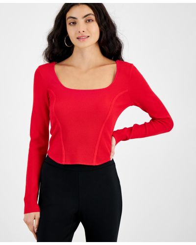 BarIII Ribbed Square-neck Long-sleeve Sweater - Red