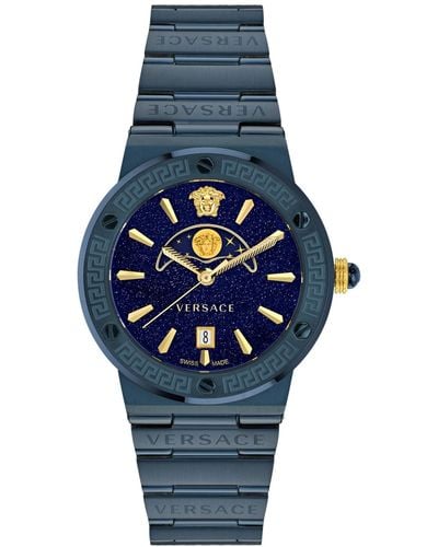Versace Swiss Greca Logo Blue Ion Plated Stainless Steel Bracelet Watch 38mm