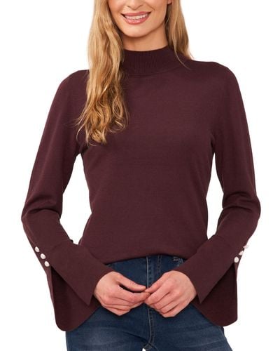 Cece Imitation Pearl Trim Split Sleeve Mock Neck Sweater - Purple