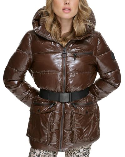 DKNY Sport Hooded Belted Super Wet Puffer Coat - Brown