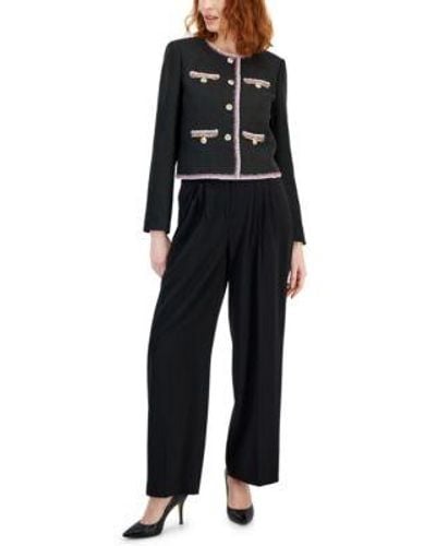 Tahari Four Pocket Contrast Trim Boucle Jacket Pleated Waist Wide Leg Pants - Black