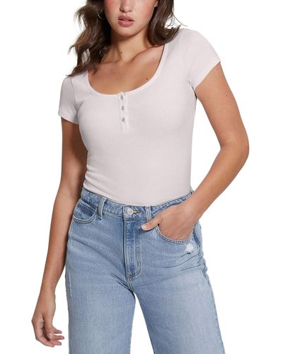 Guess S Karlee Jewel-button Ribbed Henley Top - Blue