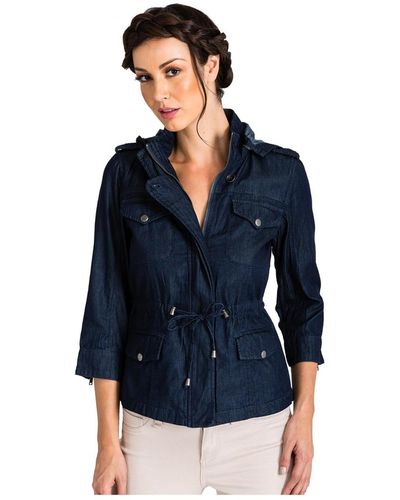Standards & Practices Zip-up Safari Hooded Drawstring Denim Anorak Jacket - Blue