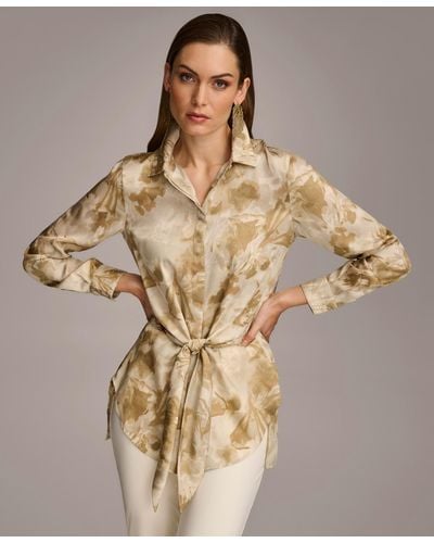 Donna Karan Printed Tie-waist Blouse - Brown
