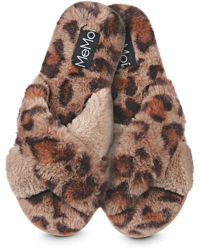Memoi Cheetah Plush Slippers - Brown