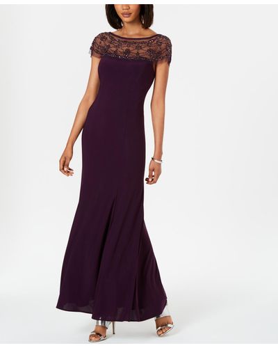 R & M Richards Illusion Beaded-trim A-line Gown - Purple