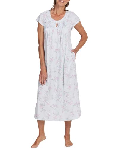 Miss Elaine Short-sleeve Floral Keyhole Nightgown - White