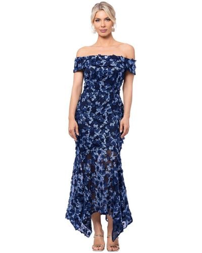 Xscape 3d-floral Off-the-shoulder Gown - Blue