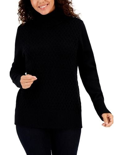 Karen Scott Cable-knit Turtleneck Cotton Sweater - Black