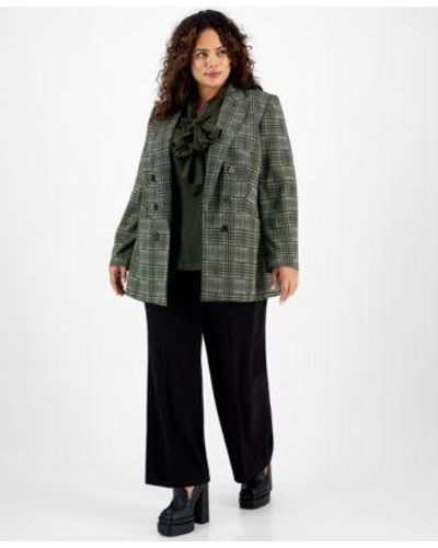 BarIII Plus Size Plaid Faux Double-breasted Boyfriend Jacket, Satin Bow Blouse & Pleat-front Wide-leg Pants, Created For Macy's - Black