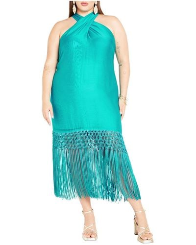 City Chic Plus Size Calypso Fringe Dress - Blue