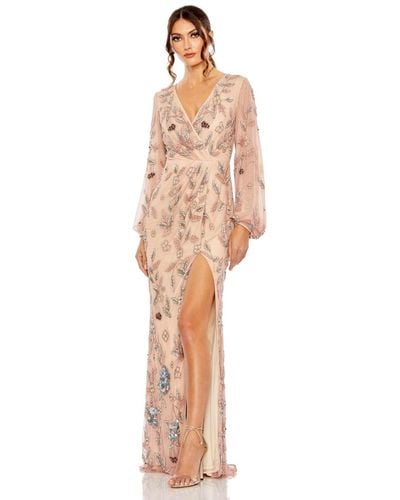 Mac Duggal Long Sleeve Floral Beaded V Neck Gown W/ Slit - White