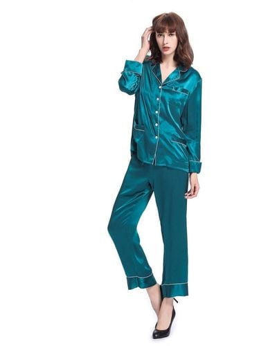 LILYSILK 22 Momme Chic Trimmed Silk Pajama Set - Blue