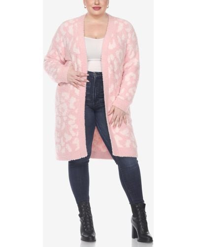White Mark Plus Size Leopard Print Open Front Sherpa Sweater - Pink