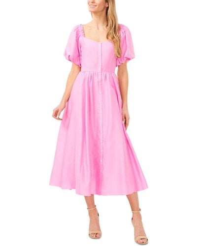 Cece V-neck Short Puff-sleeve Button Front Midi Dress - Pink