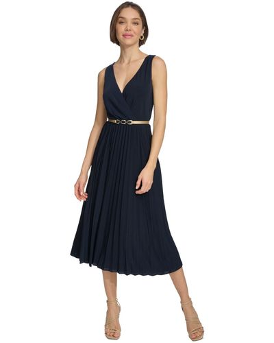 Tommy Hilfiger Pleated Belted Midi Dress - Blue
