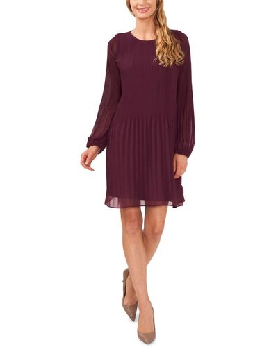 Cece Pleated Front Long Sleeve Crewneck Dress - Purple