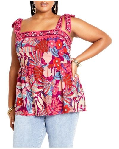 City Chic Plus Size Paradiso Print Top - Red