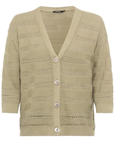 Olsen Cotton Linen Blend 3/4 Sleeve Crochet Stripe Cardigan - Natural