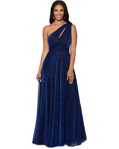 Betsy & Adam Glitter One-shoulder Cut-out Gown - Blue