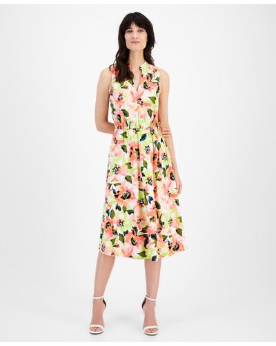 Anne Klein Petite Jenna Floral-print Drawstring-waist Dress - Metallic
