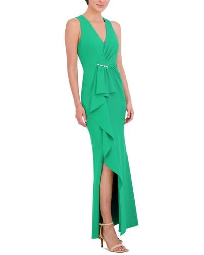 Eliza J V-neck Cascading-ruffle Side-slit Gown - Green