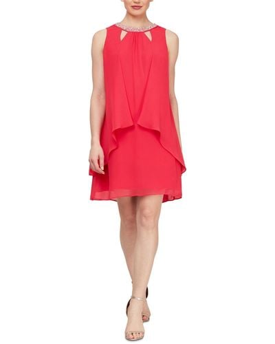 Sl Fashions Chiffon Cut-out Beaded Neckline Dress - Red