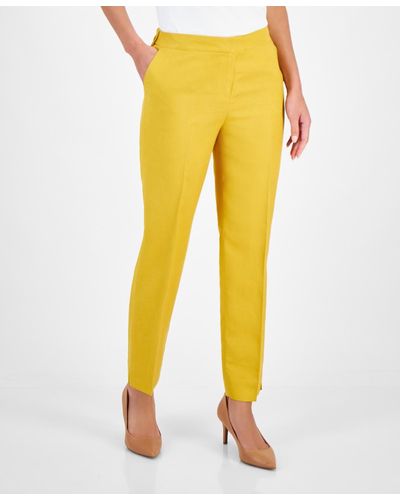 Kasper Petite Linen-blend Mid Rise Straight-leg Zip-front Pants - Yellow