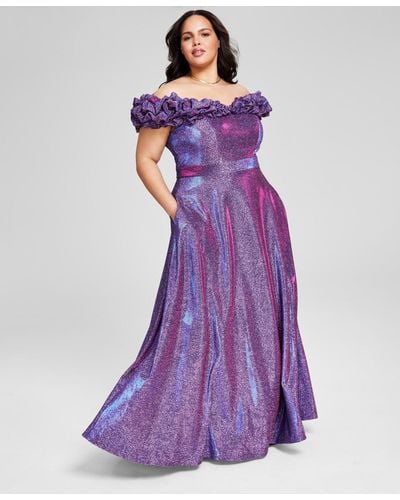 City Studios Trendy Plus Size Off-the-shoulder Glitter Gown - Purple