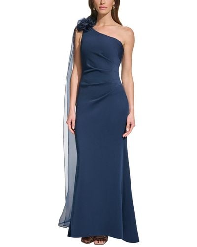 Eliza J Rosette-trim Draped One-shoulder Gown - Blue