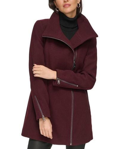 DKNY Asymmetric Zipper Wool Blend Coat - Red