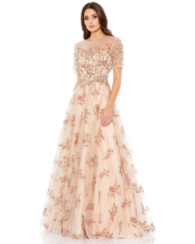 Mac Duggal Embellished Illusion Neck And Sleeves A Line Gown - Pink