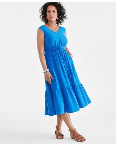 Style & Co. Cotton Gauze V-neck Midi Dress - Blue