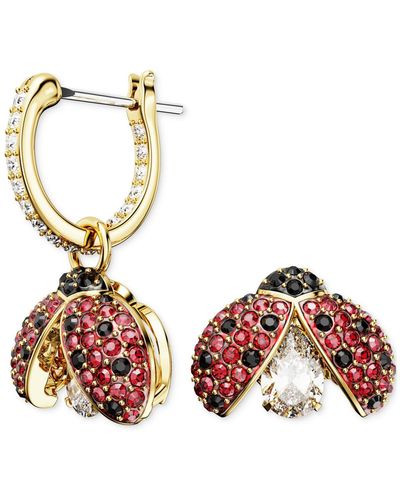 Swarovski Gold-tone Multicolor Crystal Ladybug Mismatch Hoop & Stud Earrings - Red