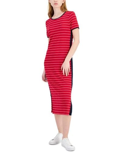 Tommy Hilfiger Striped Ribbed Midi Dress - Red
