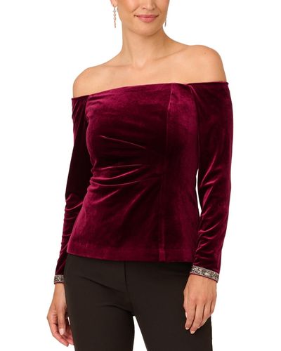 Adrianna Papell Velvet Off-the-shoulder Beaded Top - Red