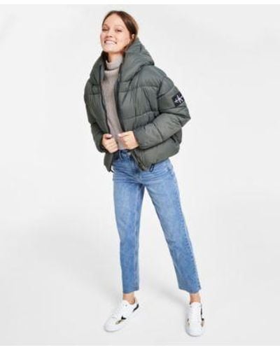 Calvin Klein Cropped Hooded Puffer Jacket Patched Mock Neck Sweater Straight Leg Ankle Jeans - Blue
