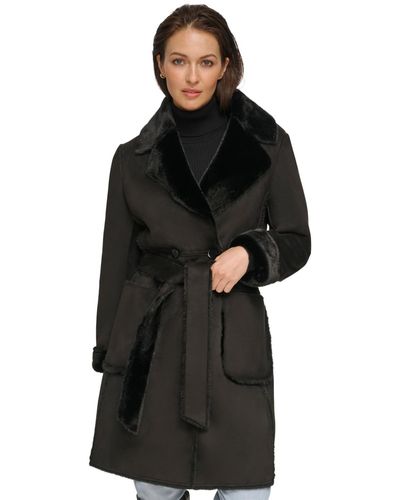 DKNY Petite Belted Notched-collar Faux-shearling Coat - Black