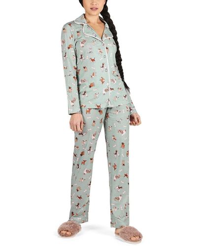 Memoi Dog And Bone Notch Collar Cotton Blend Pajama Set - Gray