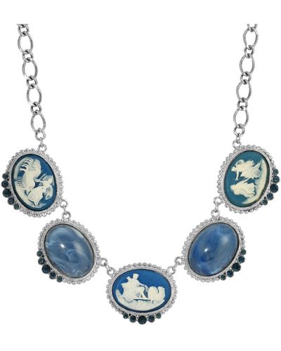 2028 Silver-tone Chariot Cameo And Montana Stones Adj Necklace - Blue