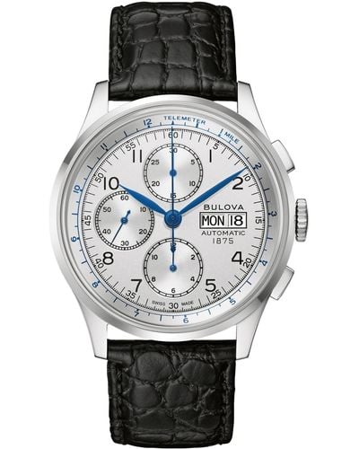 Bulova Swiss Automatic Chronograph Joseph Black Leather Strap Watch 42mm - Gray