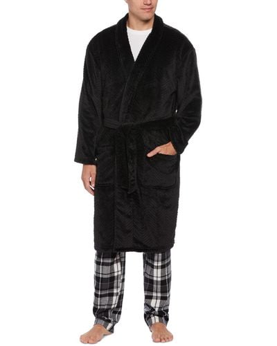 Perry Ellis Herringbone Textured Fleece Robe - Black