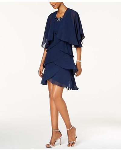Sl Fashions Embellished Tiered Chiffon Dress & Capelet - Blue