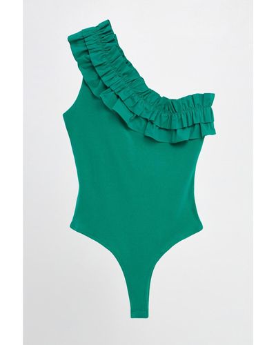 Endless Rose Ruffled Asymmetrical Bodysuit - Green