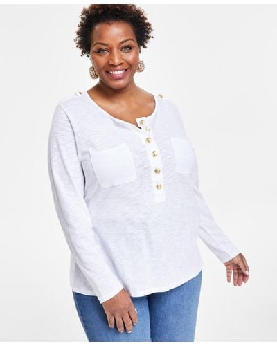 INC International Concepts Plus Size Button-front Long-sleeve Top - White