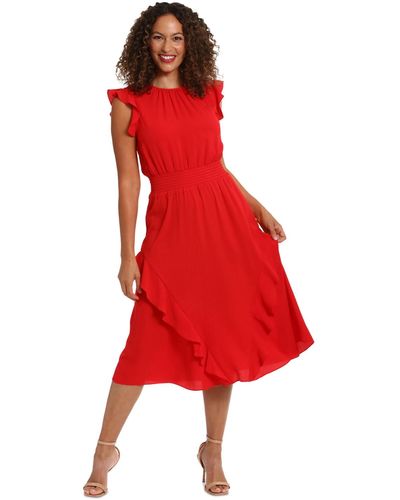 London Times Smocked-waist Ruffle Midi Dress - Red