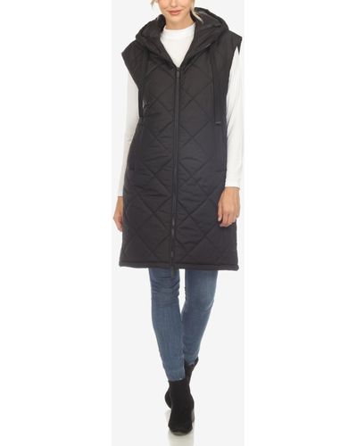 White Mark Diamond Quilted Hooded Long Puffer Vest Jacket - Blue