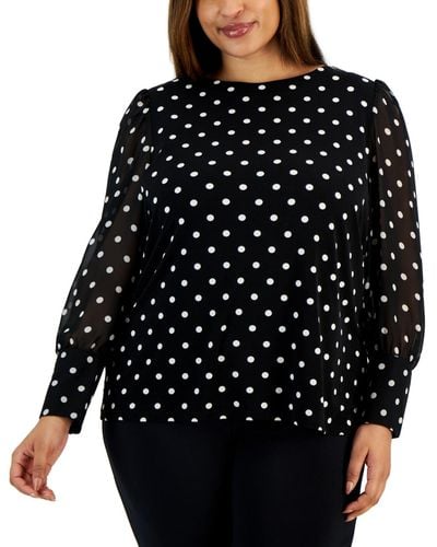 Anne Klein Plus Size Dot-print Chiffon-sleeve Blouse - Black