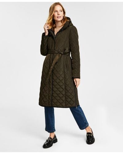 DKNY Hooded Belted Quilted Coat - Multicolor